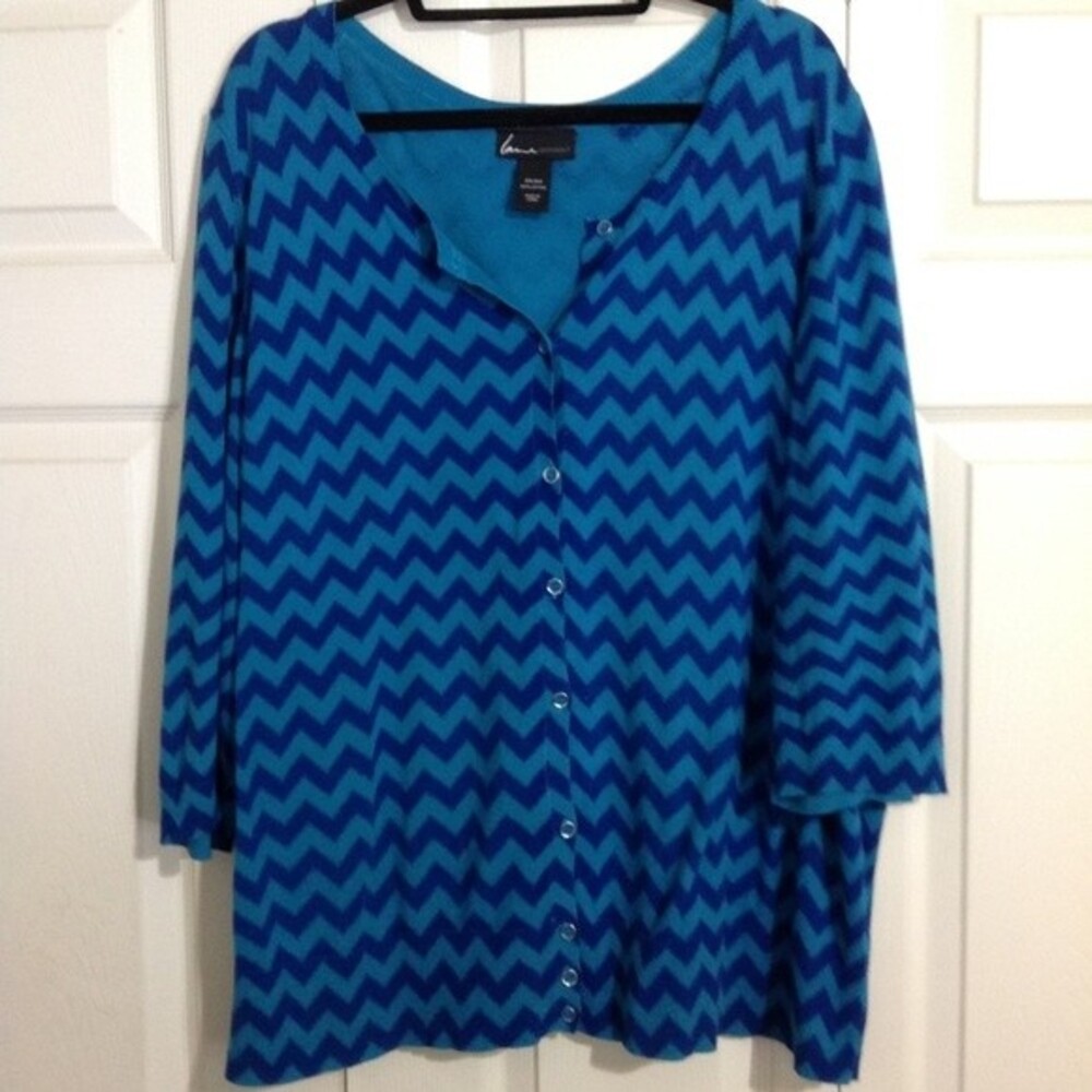 LANE BRYANT Size 22 24 Cotton Two Toned Blue Cardigan Sweater Zig Zag Stripe